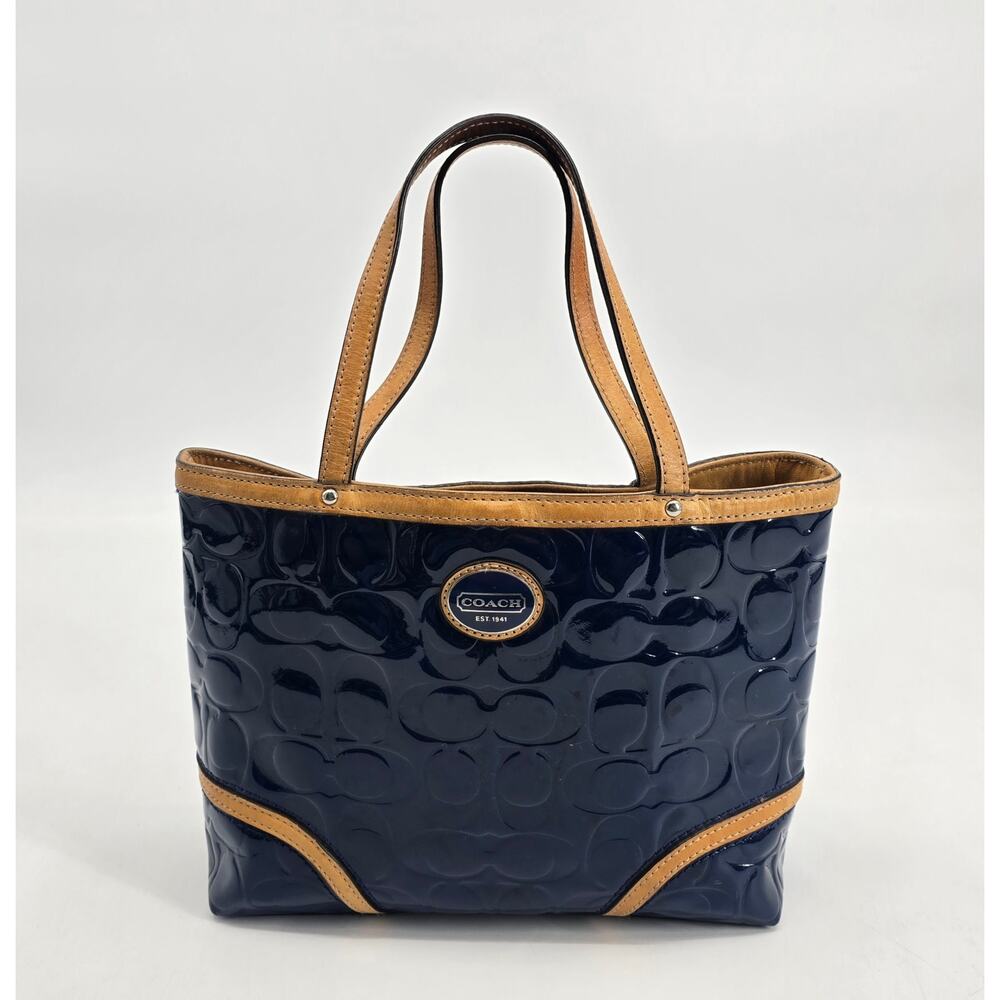 Coach Peyton F48168 Navy Bubble Patent Leather Tote Shoulder Bag Camel Trim